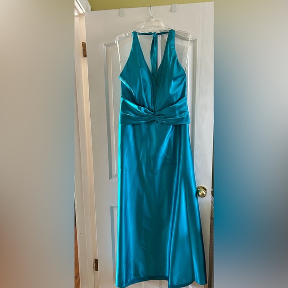 Teal Satin Halter Dress - Picture 1 of 7